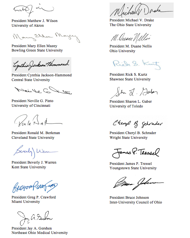 Signatures of Ohio public university presidents