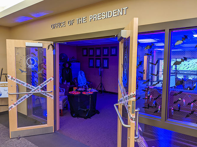 The president's office was decorated for Halloween.