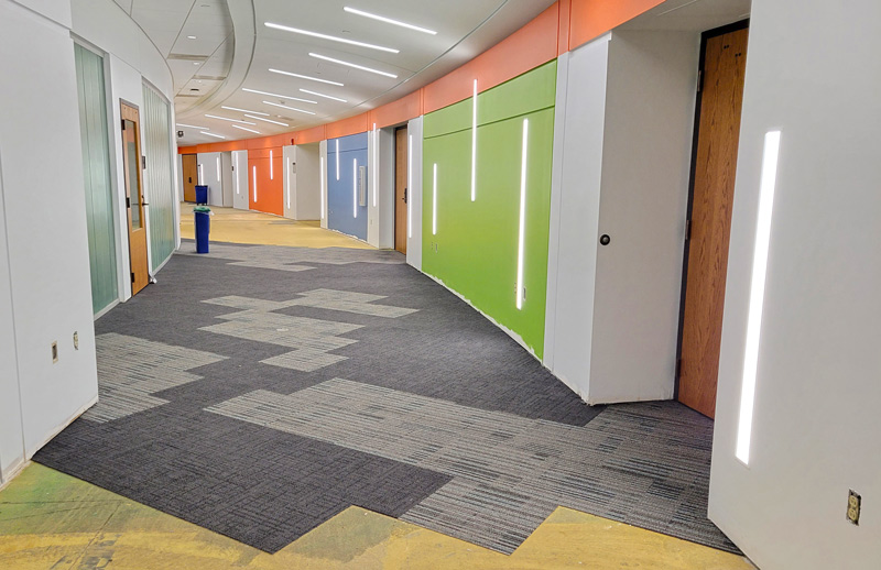carpeted corridor with brightly colored walls.