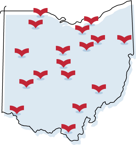 Map of ohio with red marks showing researchers statewide.