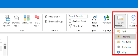 Showing where the phishing option exists in the top menu of Microsoft Outlook.