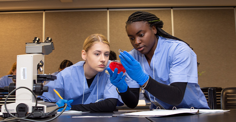 Two young women wearing blue scrubs examine a red substance in a petri dish.