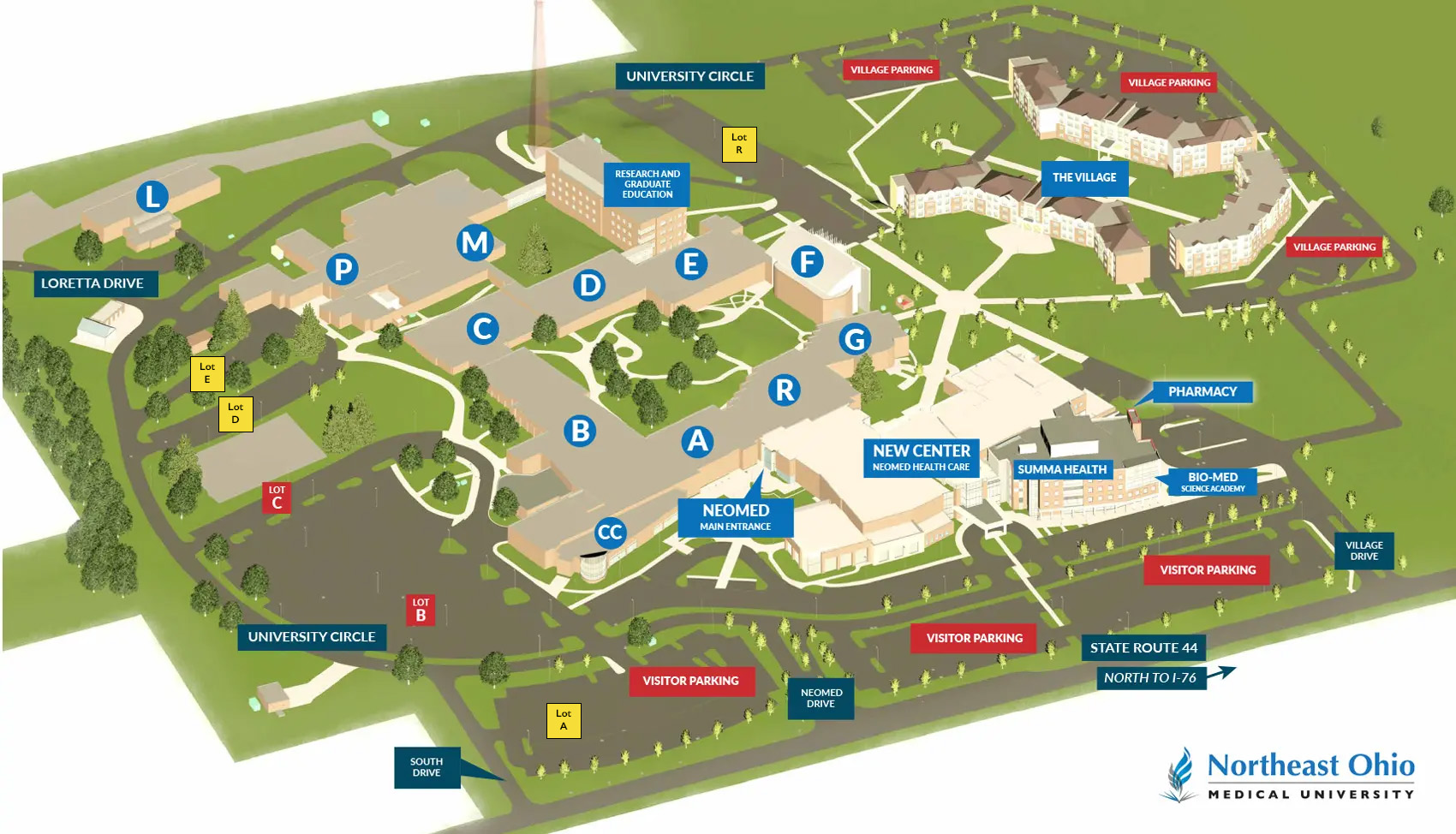 NEOMED campus map with select lots marked in yellow