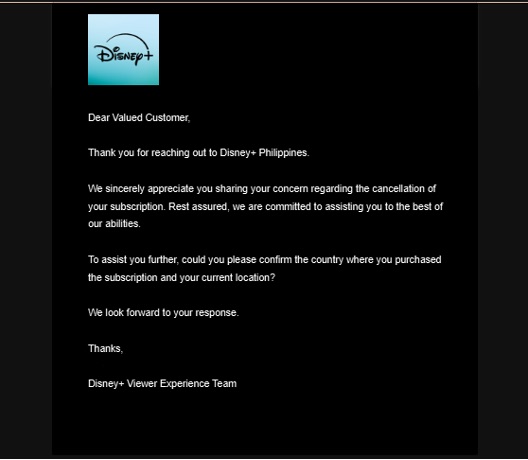 Sample of a phishing email pretending to be Disney+