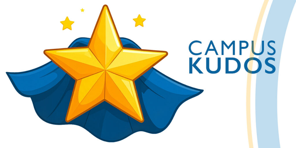 A yellow star in a blue cape next to the words Campus Kudos