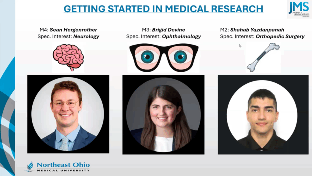 screenshot of a podcast screen featuring headshots of three medical students