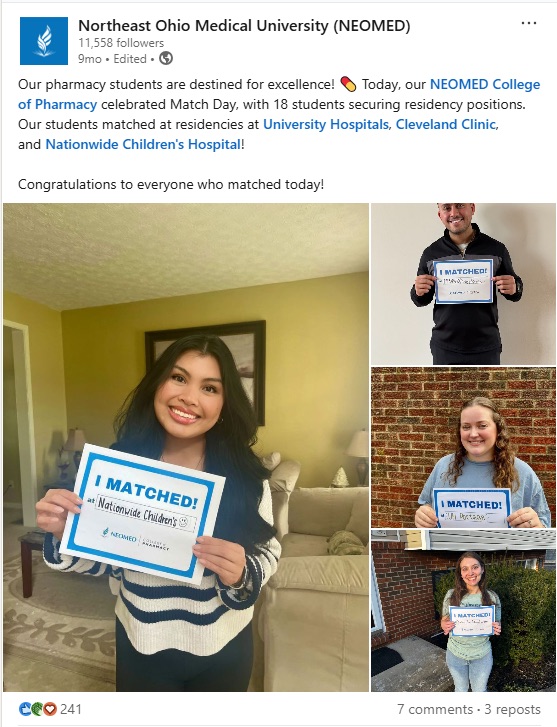 Screencap of a LinkedIn post about the College of Pharmacy Match Day