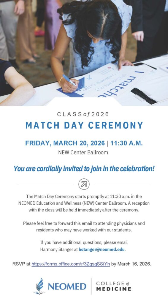 Invitation to faculty and staff to join the Class of 2026 College of Medicine Match Day Ceremony on Friday, March 20. Details and link in article.