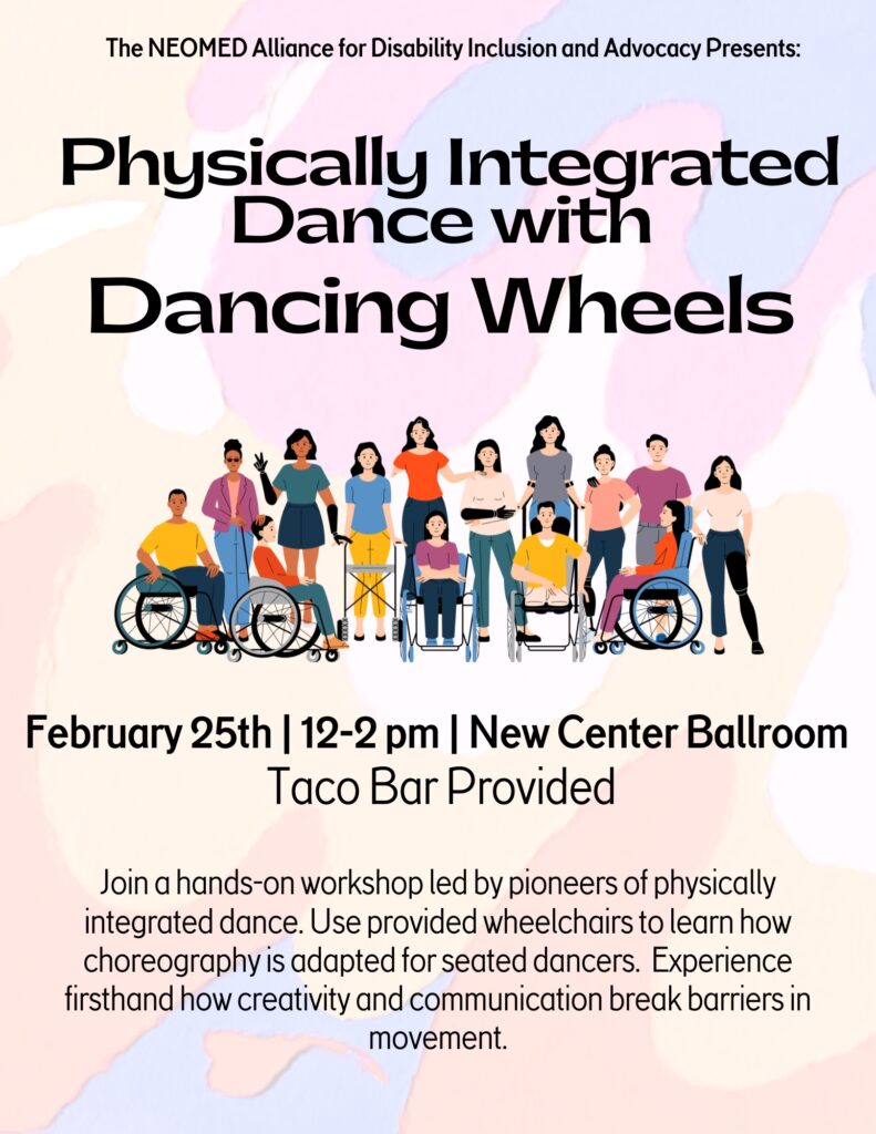 flyer including details about the physically integrated dance event, including clip aert of group of people standing or in wheelchairs