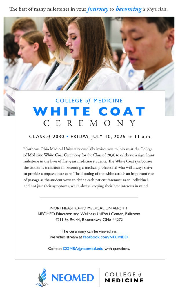 Image of an invitation to the College of Medicine White Coat ceremony. A picture of medical students appears at the top above the words that appear in the accompanying article. The NEOMED College of Medicine is placed at the bottom of the invitation.