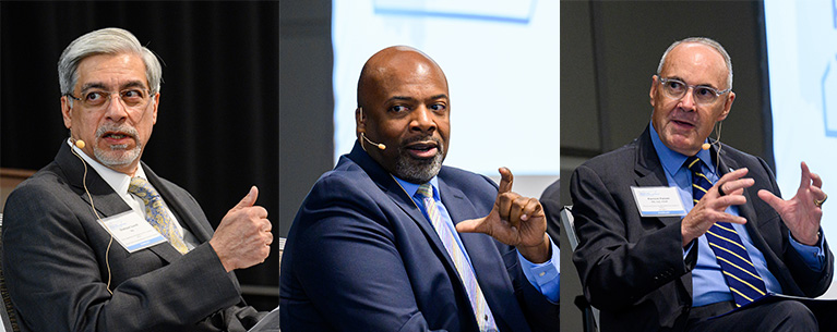 A triptych of three men in suites talking while gesturing with their hands