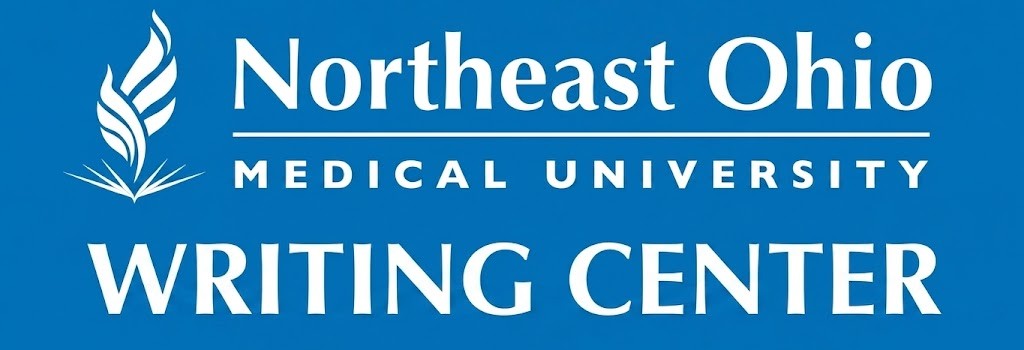NEOMED logo in white on a field of blue with the words WRITING CENTER printed beneath