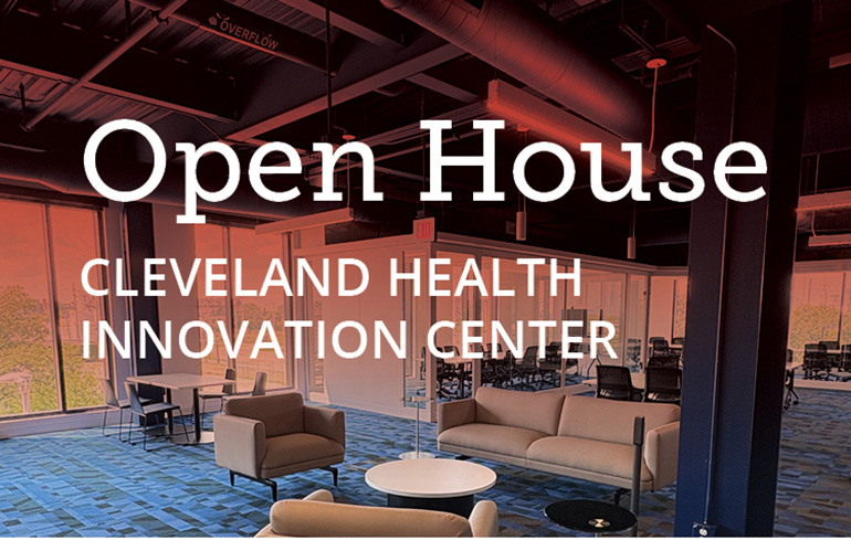 A open concept meeting space with a light red wash overtop of it. The words Open House Cleveland Health Innovation Center appear on top