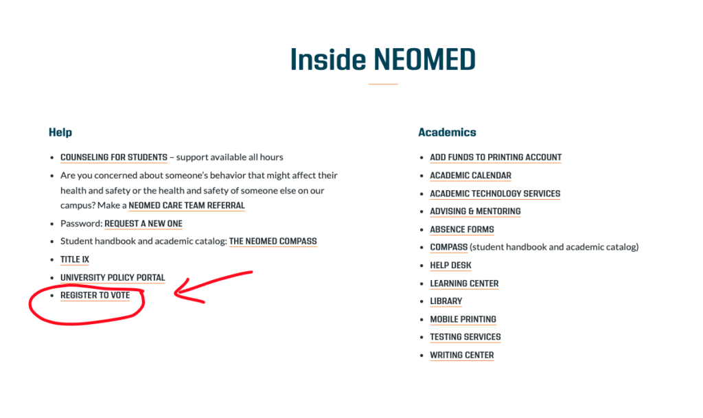 A screenshot of a web page with the heading "Inside NEOMED" and a list of resources for students. Register to vote is circled in red and an arrow points at those words