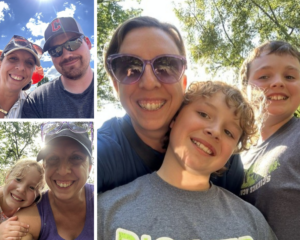 collage of three photos of a young family