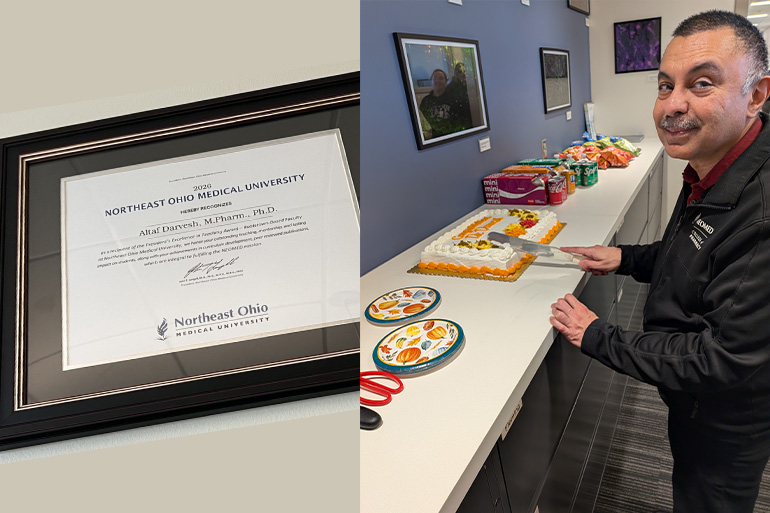 side by side photos: an award plaque and a man cutting into a cake on a table full of goodies