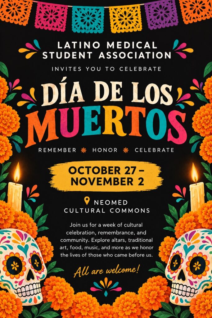 information from the article about Dia de los Muertos with decorative masks and colorful flags