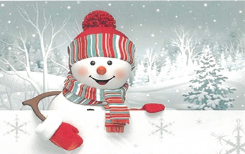 graphic of a snowman in a red hat and striped scarf in a snowy scene